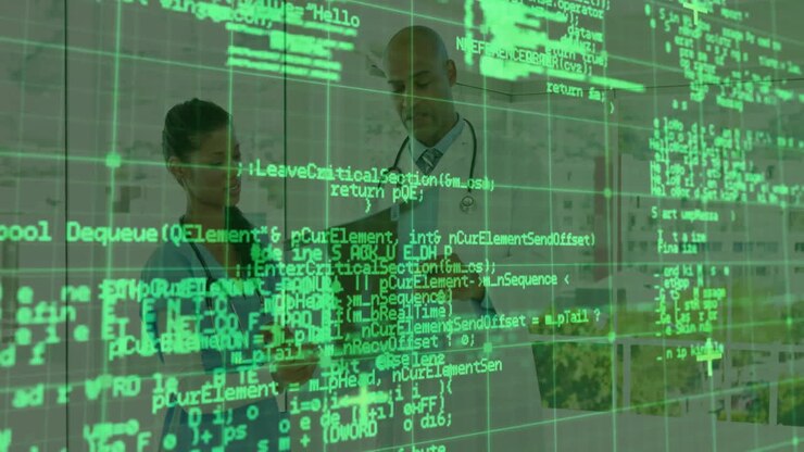 Discussing animation, two people behind green computer code overlay in office