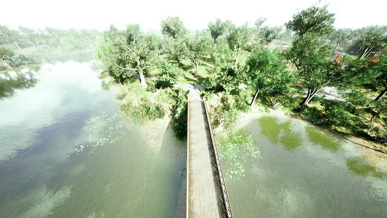 Idyllic wooden bridge over shimmering river surrounded by lush greenery