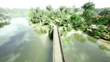 idyllic wooden bridge over shimmering river surrounded by lush greenery