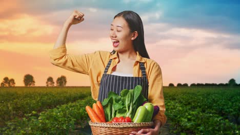 happy farmer with fresh produce at sunset