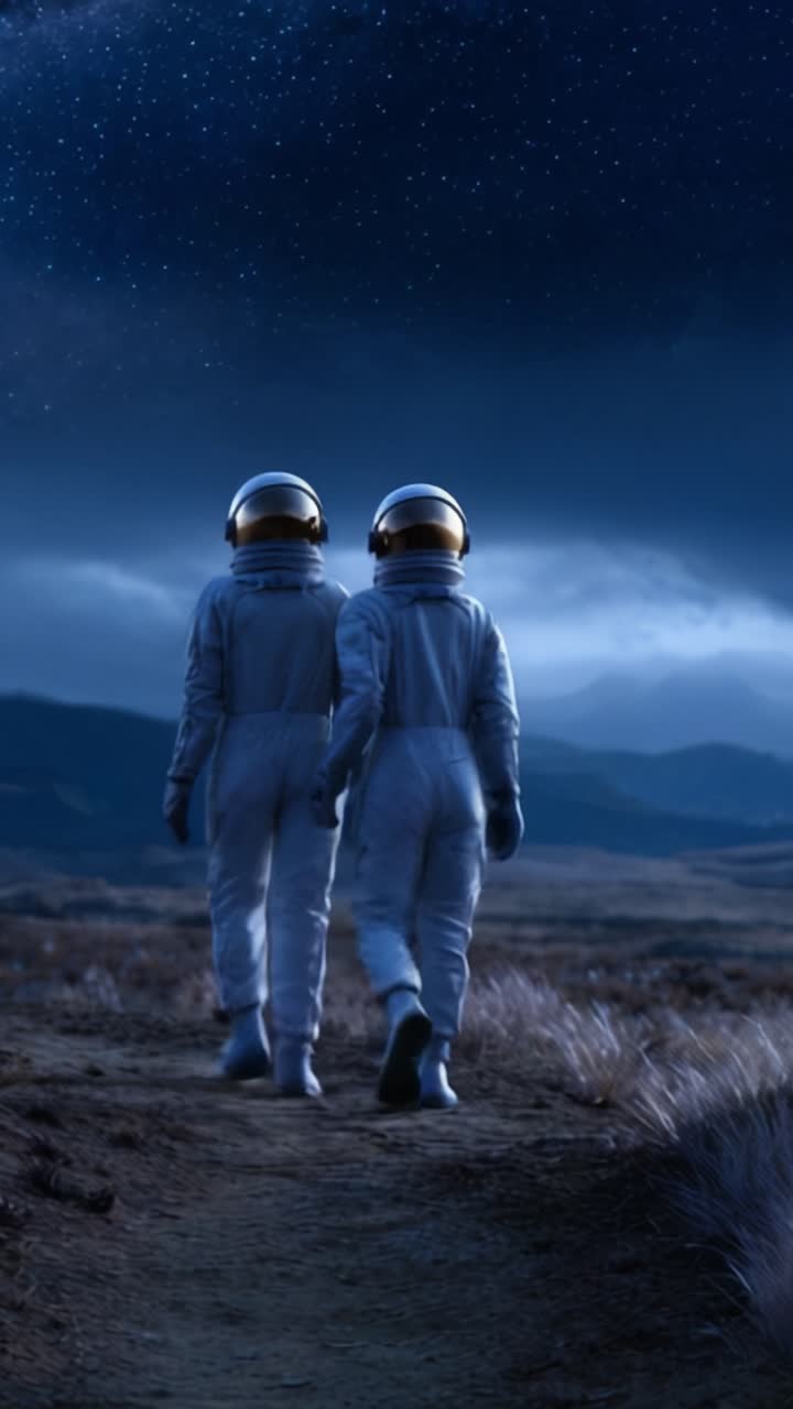 Dos astronautas caminando de la mano bajo un cielo estrellado en un paisaje alienígena, simbolizando conexión y amistad en la inmensidad del espacio.