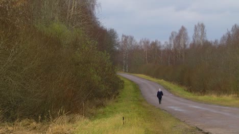 An-old-aunt-goes-alone-with-a-crutch-along-an-asphalt-road