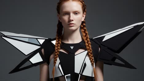 futuristic fashion: a young model showcases abstract, architectural clothing with bold geometric patterns and striking colors in a minimalist setting