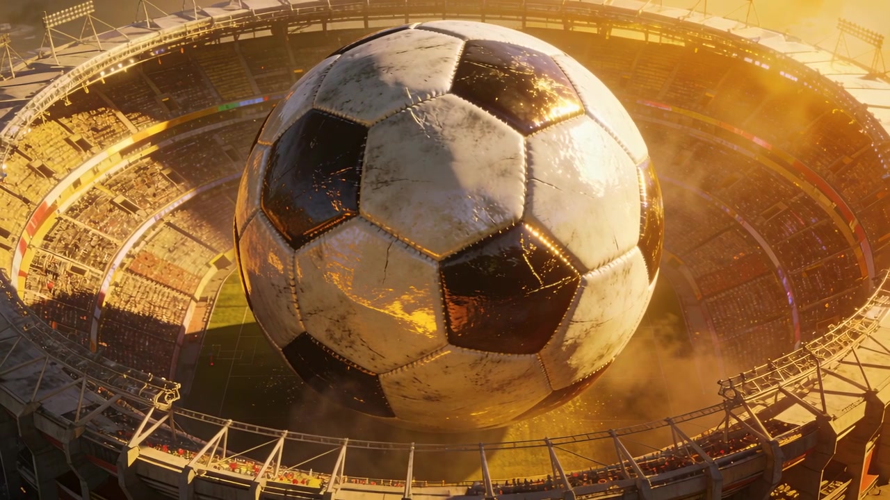 Zoom della telecamera che mostra un gigantesco pallone da calcio che si avvicina nello stadio, polvere e luce solare per effetto
