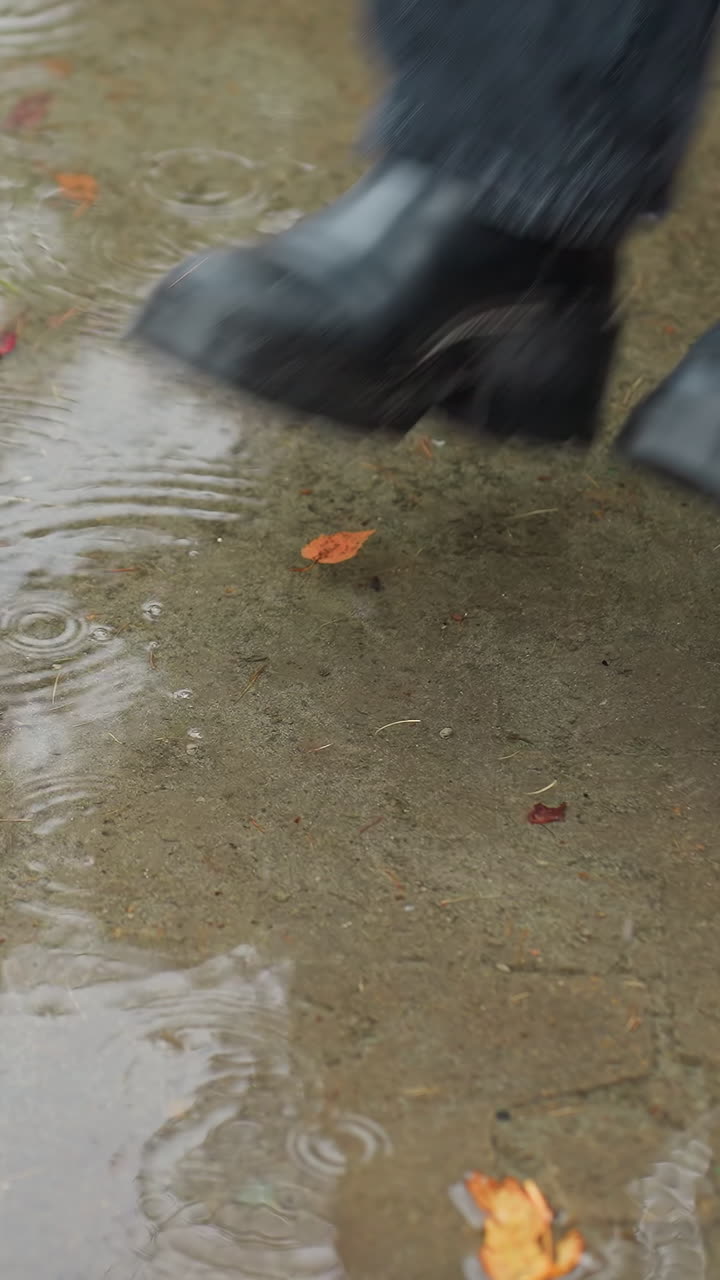 Black boot jumps into water puddle on wet paved path scattered with colorful autumn leaves and pine needles, ripples spreading across surface reflecting bare trees above during calm cold overcast day