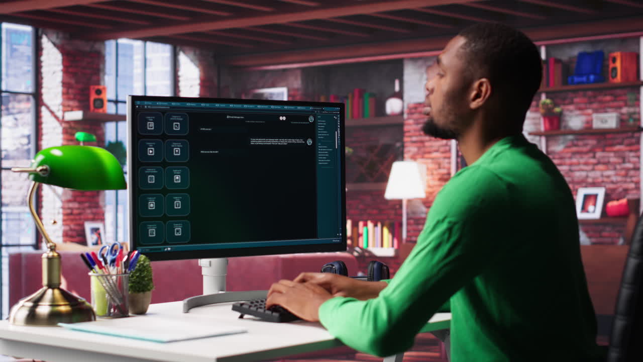 Vertical Video Spacious elegant home office with PC showcasing online finance activities