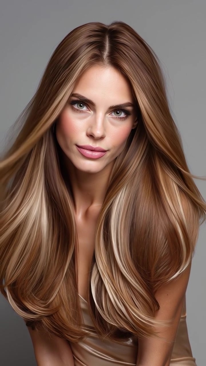 Bella giovane donna con lunghi capelli con mèches in posa contro uno sfondo grigio neutro da studio