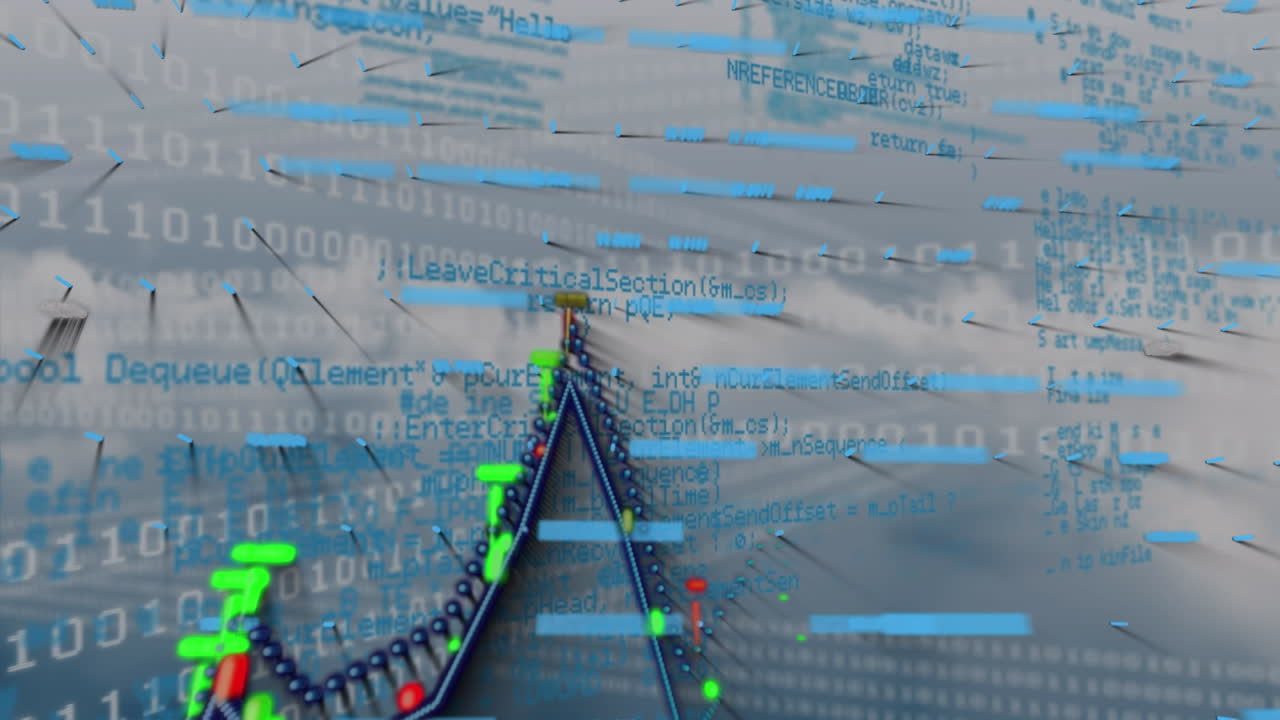 회색 배경에 바이너리 코드, 그래프 및 데이터 처리의 애니메이션