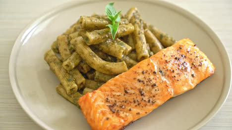 pesto quadrotto penne pasta with grilled salmon fillet steak