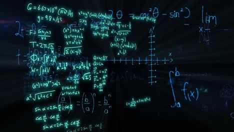 animation of mathematical formulae and scientific data processing over black background