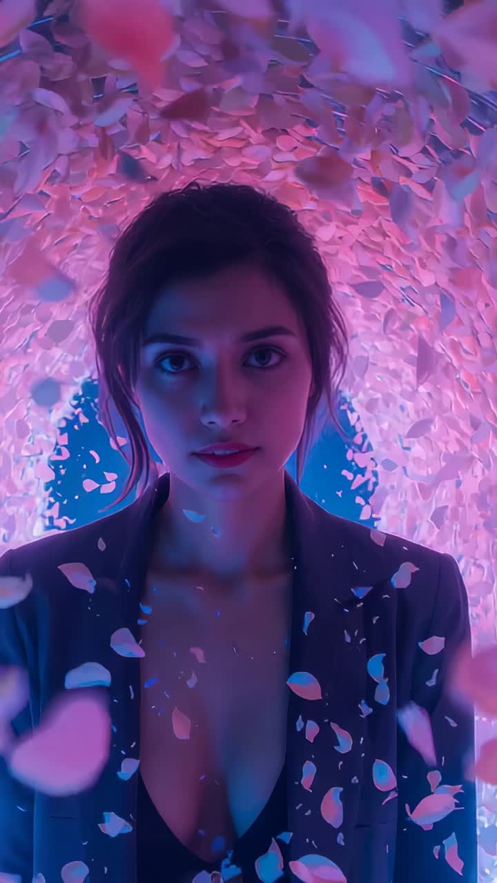 Video verticale: donna con petali a cascata che posa in un arco floreale, che atterra su un'inquadratura blu scuro illuminata con blazer