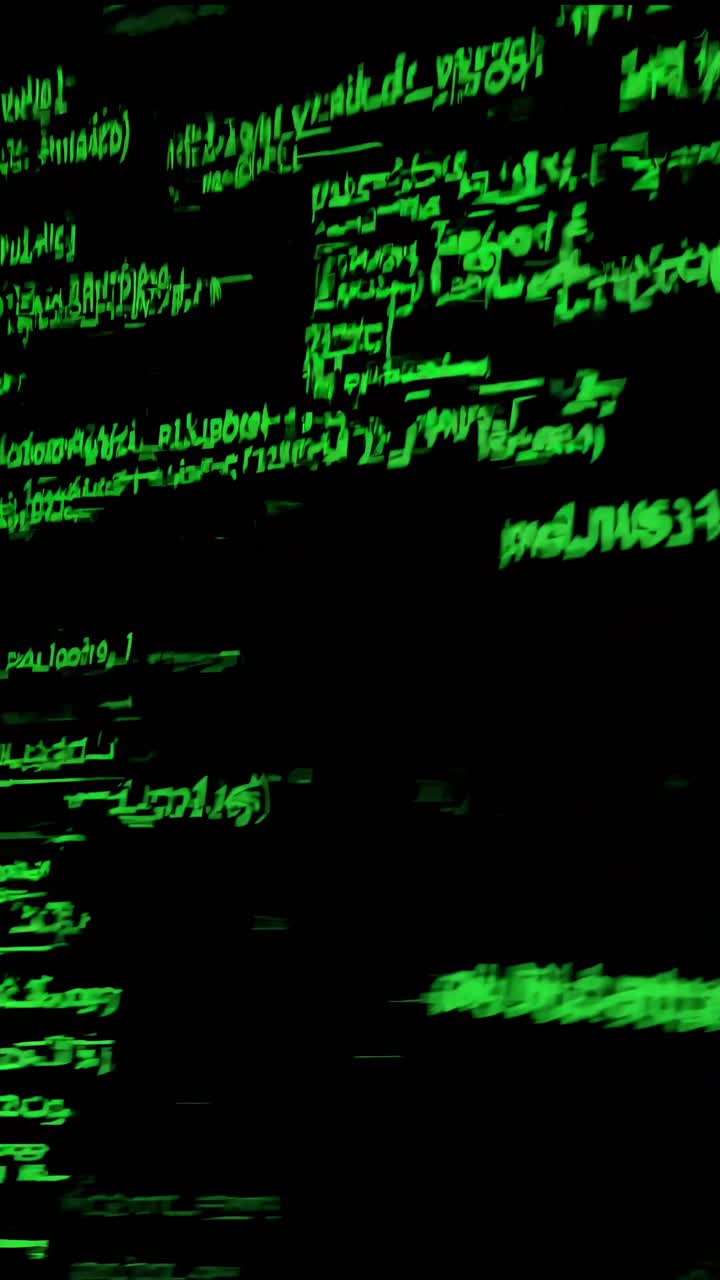 Dynamic video still of green code on a black screen, captured at an angled perspective
