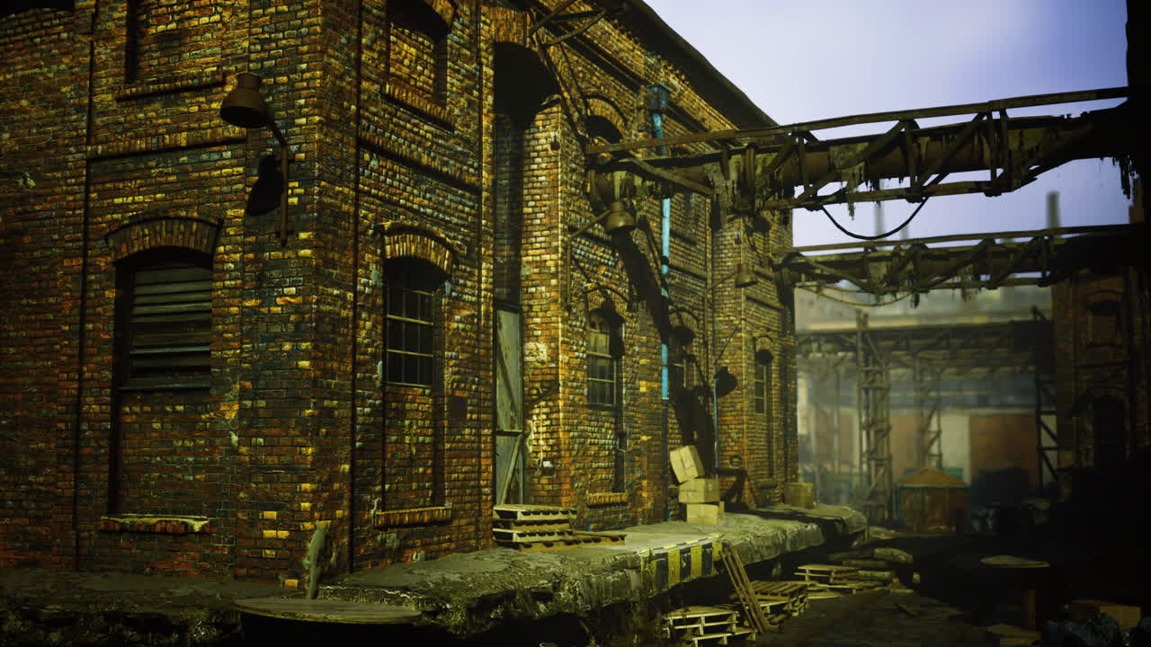 Old industrial site with weathered bricks and scaffolding in a dim atmosphere