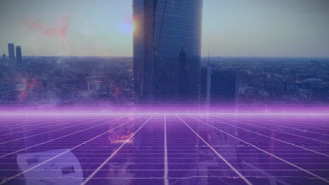 animación de interferencias y formas de neón sobre el paisaje urbano