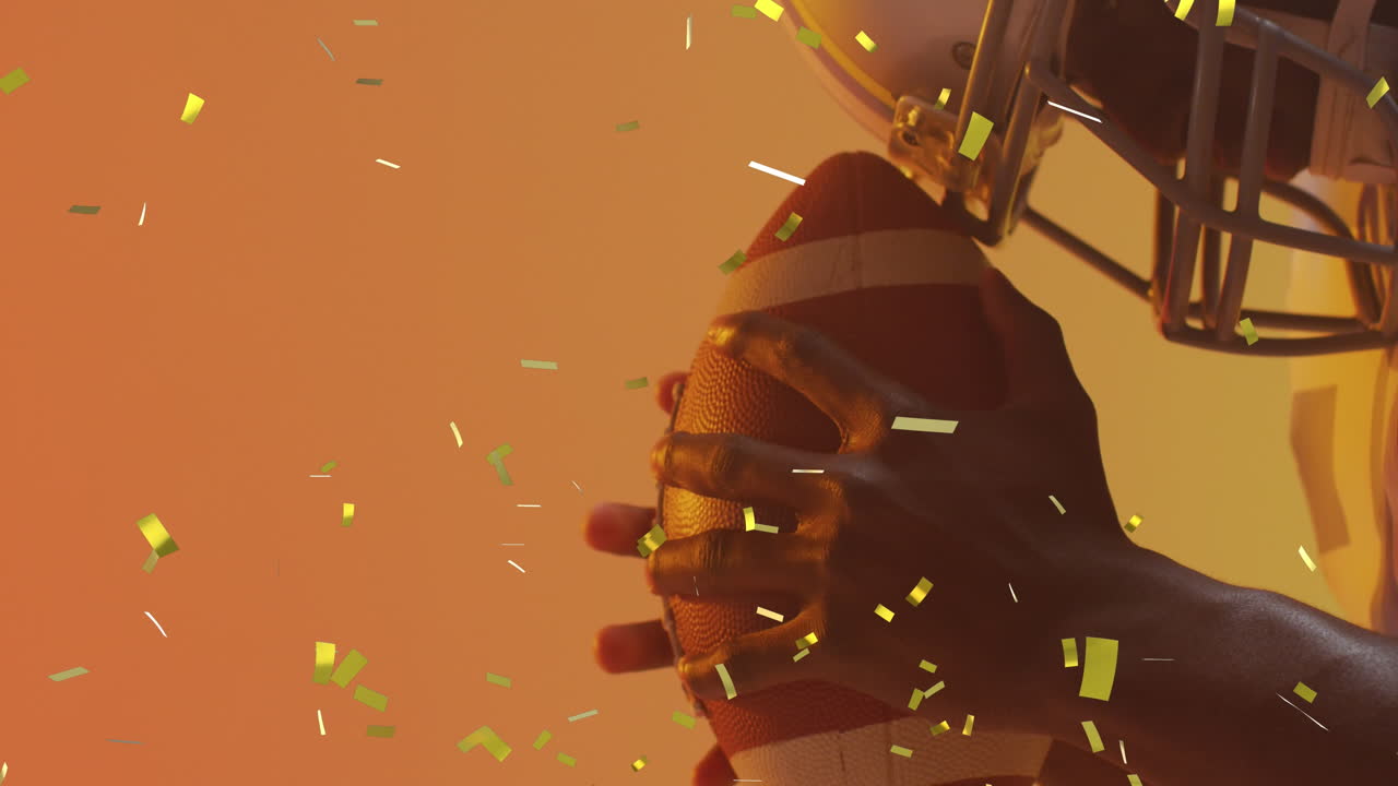 네온 배경 에 아메리칸  ⁇ 볼 선수 위 에 떨어지는 콘페티 의 애니메이션