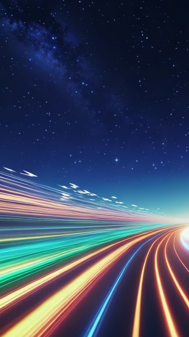 Vertical video: Opening Milky Way view, spawning neon streaks racing along path toward horizon glow
