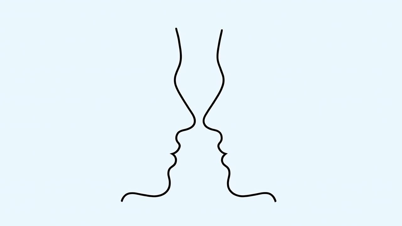 Minimalist Line Faces Kissing In Profile, Simple Black Strokes On Pale Blue Background Conveying Tender