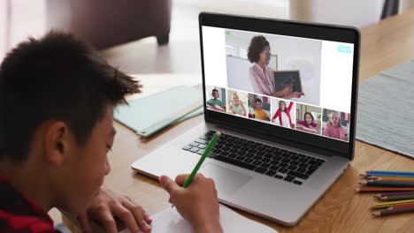 Schoolboy-using-laptop-for-online-lesson-at-home,-with-diverse-teacher-and-class-on-screen