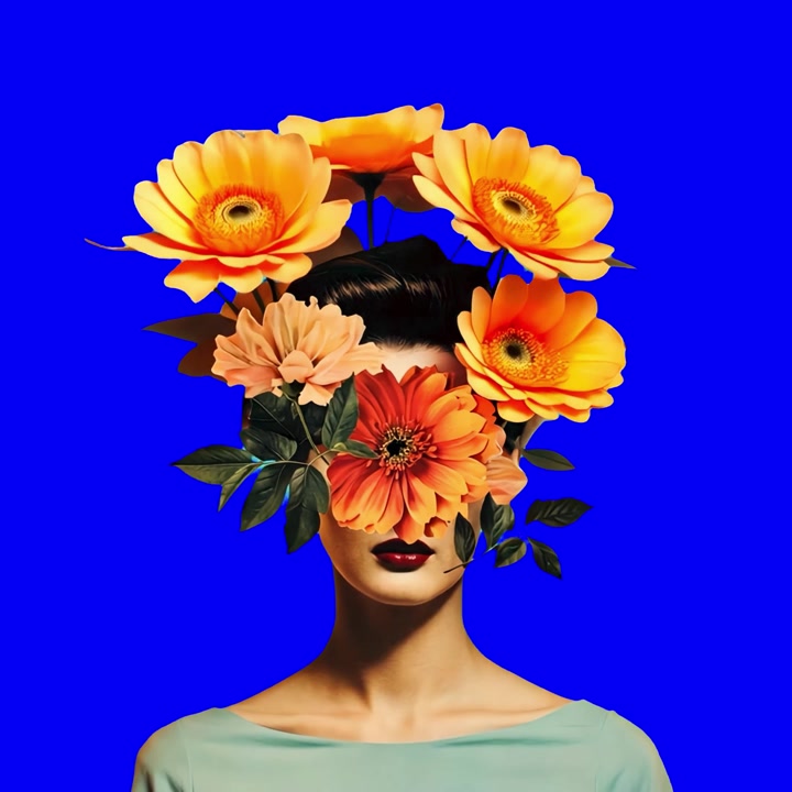 Ritratto surreale di donna con fiori vivaci che le coprono il viso
