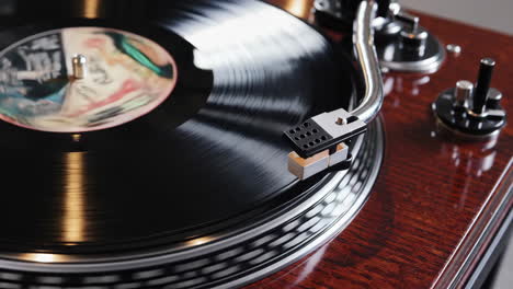 close-up of a vinyl record spinning on a turntable