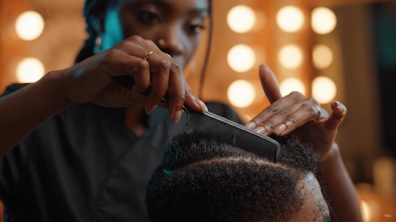 Ein erfahrener Stylist kämmt sorgfältig das Haar eines Mannes mit einer Bürste, wobei Präzision und Kreativität im Haarstyling vor einer wunderschön beleuchteten Kulisse hervorgehoben werden.