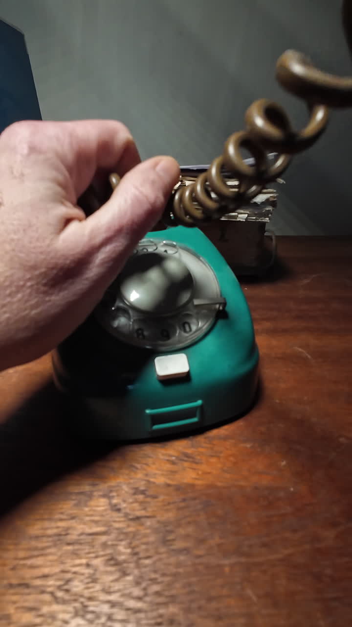 Primo piano verticale di un individuo non identificato a una scrivania che solleva una cornetta telefonica d'epoca mentre esamina dei documenti. Adatto per indagini, giornalismo, intelligence o comunicazione storica