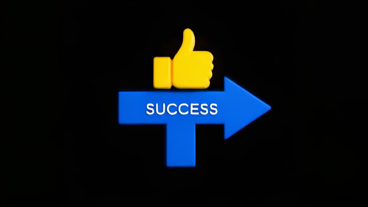 Showing yellow thumbs-up above blue T-arrow reading SUCCESS on black backdrop to emphasize success