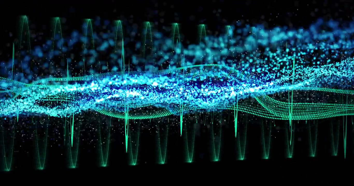 1-second green sine weaving across waveforms blue particles forming ribbon for audio visualization
