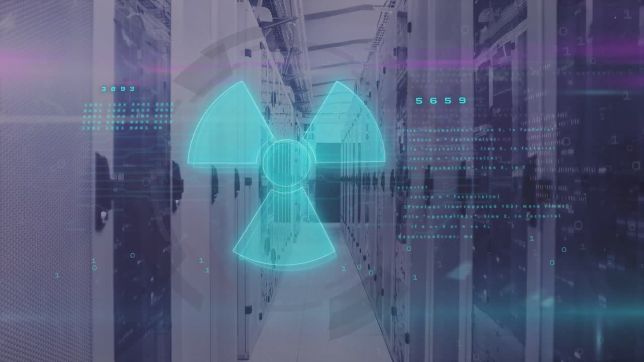 animación del símbolo nuclear sobre el procesamiento de datos y la sala de servidores