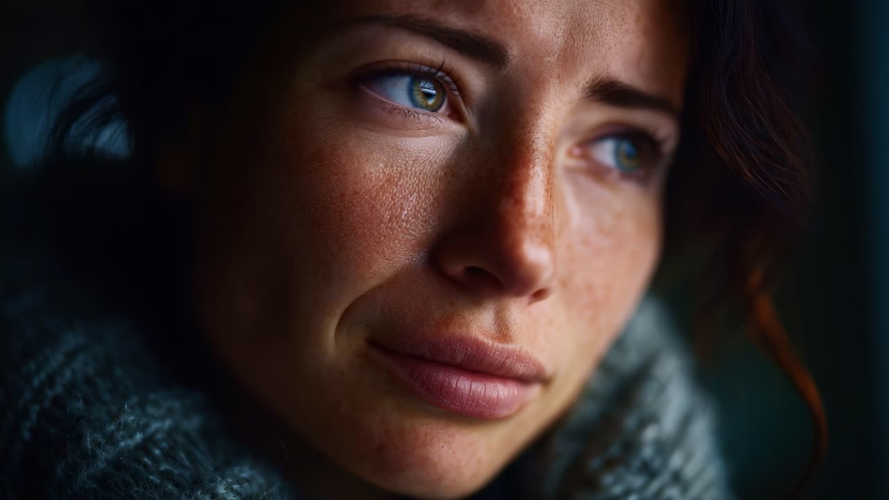 A Close-Up Portrait Capturing Emotional Depth and Expressiveness in Natural Light, Highlighting Subtle Details of a Woman's Face with Striking Features
