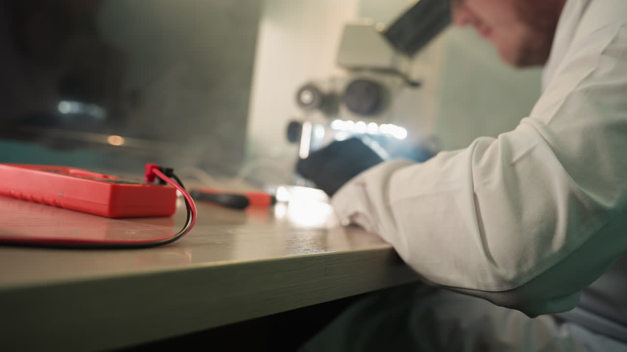 una vista trasera de un técnico en una bata de laboratorio con guantes negros usando un microscopio para inspeccionar componentes electrónicos, con otro componente visto en la mesa