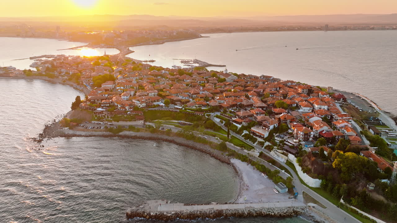 Aerial drone view of the old town Nessebar, Bulgaria at sunset