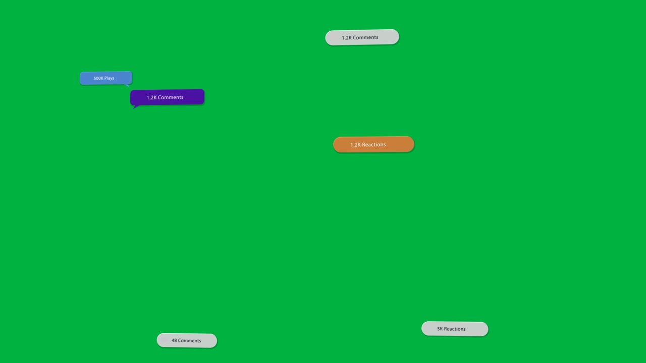 Tela trasparente vuota con bolla di commento che appare, pillole UI che compaiono, si spostano e svaniscono, mostrando statistiche.