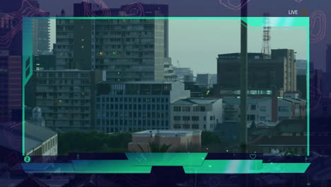 live broadcast animation overlay on modern buildings in cityscape setting