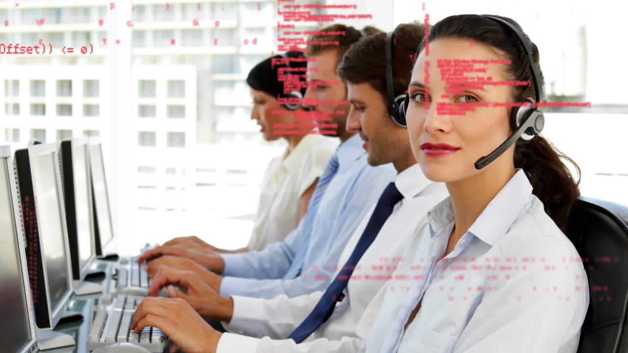 휴대폰 헤드 ⁇ 을 착용한 사람들 위에서 금융 데이터 처리의 애니메이션