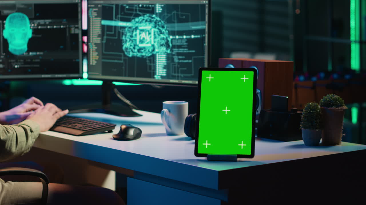 Concentrarsi sul mockup tablet accanto al programmatore che aggiorna l'intelligenza artificiale
