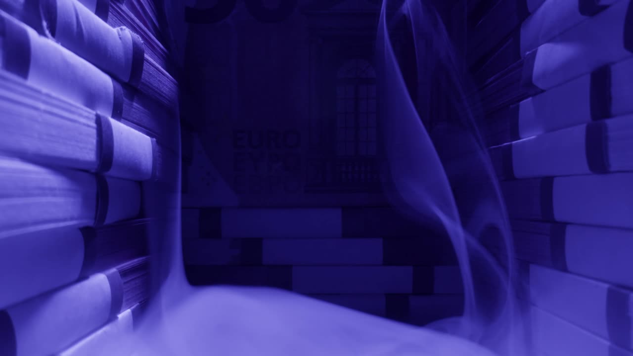 Stacks of cash dollars and euro, Banknotes counting, Specialised police officer Counting dollar euro banknotes in crime lab with machine, cashed out money, bitcoin changing, buying home flat in bank.