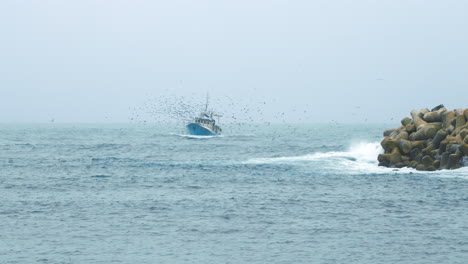 fishing trawler surrounded by seagulls on a stormy weather in slow motion