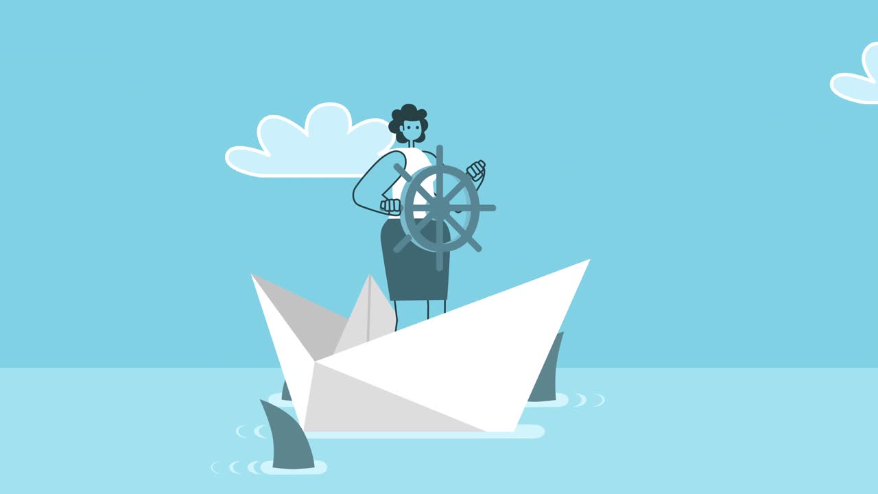 상어에 둘러싸인 종이 배에서 항해하는 만화 여성. 평평한 디자인 2d 캐릭터 고립 루프 애니메이션
