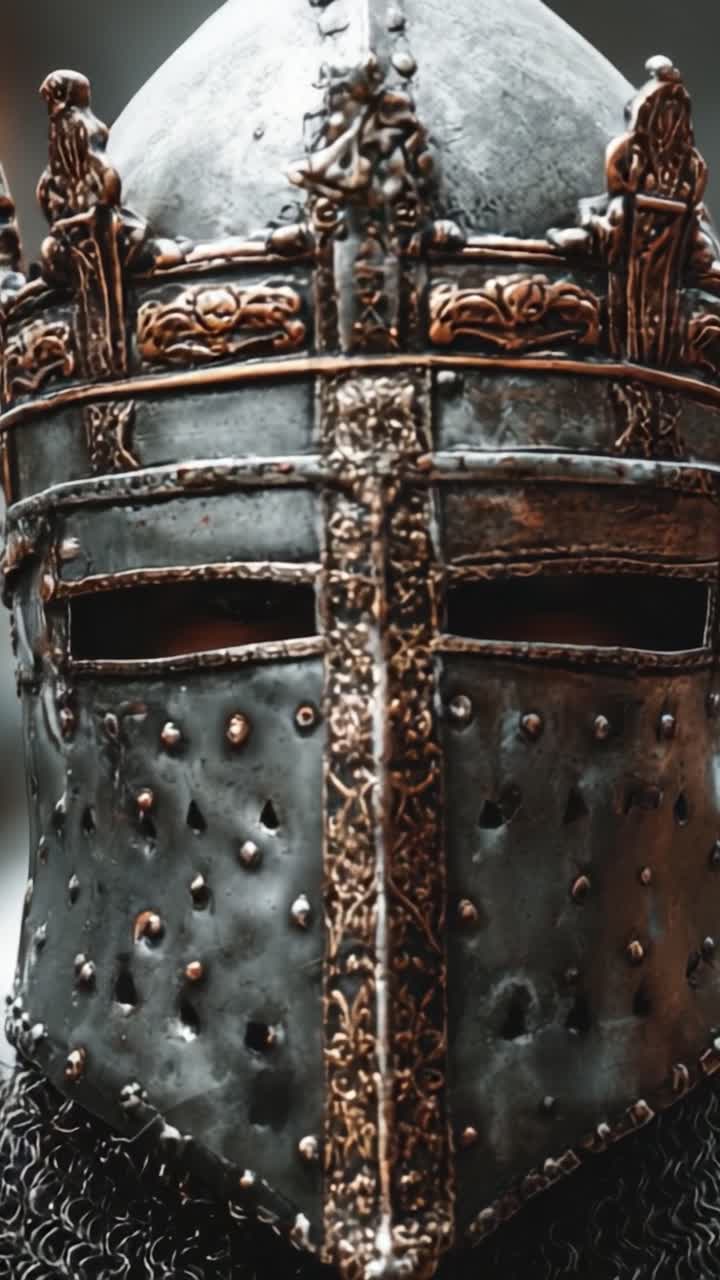 Primer Plano Detallado de un Yelmo de Caballero Medieval: Una Impresionante Muestra de Artesanía y Detalle Histórico Capturada en Dos Imágenes Distintas