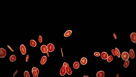 flying many dried oranges on black background. dehydrated fruits, food concept. 3d animation of sliced fruits oranges rotating. loop animation.