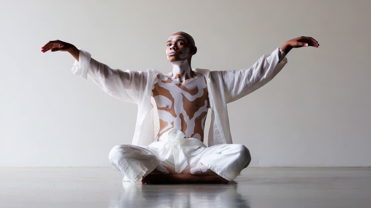 An expressive art performance featuring a serene figure adorned with unique body paint, seated in a tranquil pose, conveying emotion and creativity through a minimalist backdrop