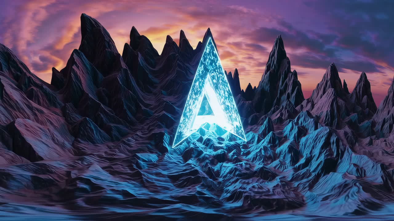 Luminous 'A' Symbol in a Futuristic Mountain Landscape