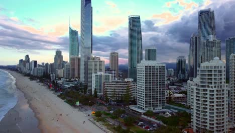 high rise cityscape in surfers paradise, gold coast, queensland, australia - aerial drone shot
