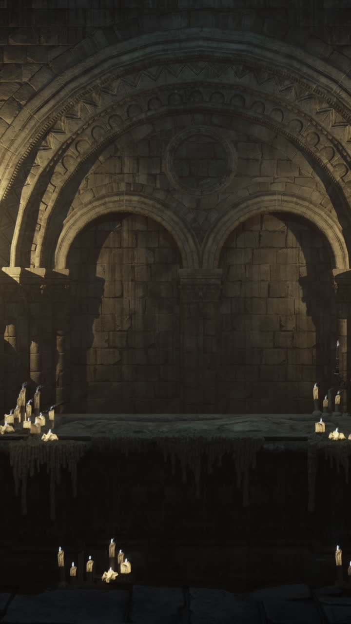 Shadowy interior of an ancient stone chamber with flickering candlelight