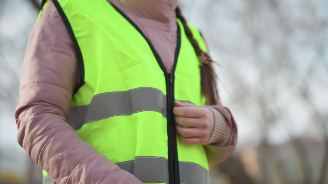 Close-up of woman in pink winter jacket fastening zipper on bright yellow reflective safety vest outdoors, preparing for visibility, work, or volunteering in cool weather conditions with blurred background