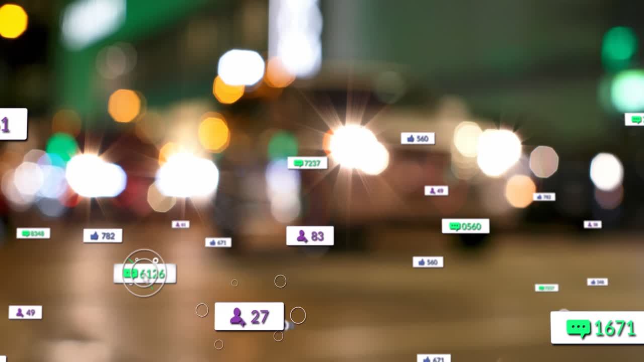 소셜 미디어 아이콘과 숫자의 애니메이션 초점 밖의 도시 및 교통 신호등