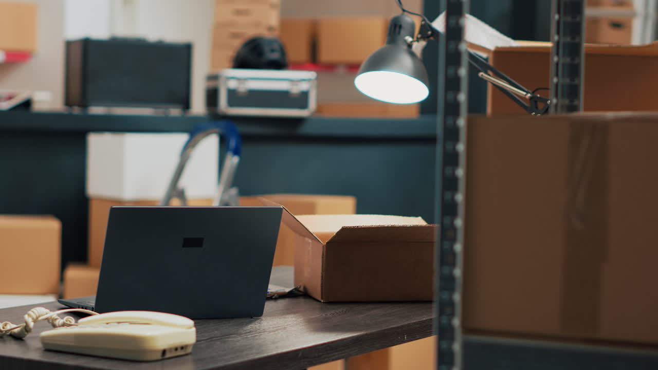 Warehouse desk with laptop, boxes, and telephone