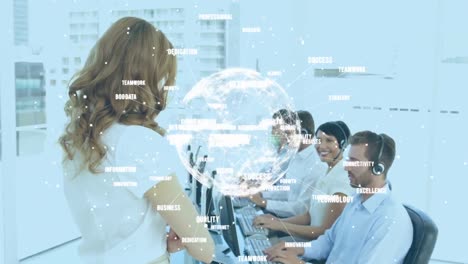 Animation-of-globe-and-business-texts-over-diverse-business-people-using-phone-headsets