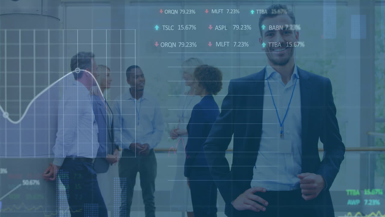 Animation of stock market data processing on portrait of caucasian man businessman smiling at office